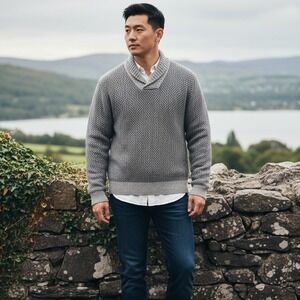 VTG Inis Meáin Ireland Luxury Shawl Collar Sweater XL Grey Wool Cashmere Blend